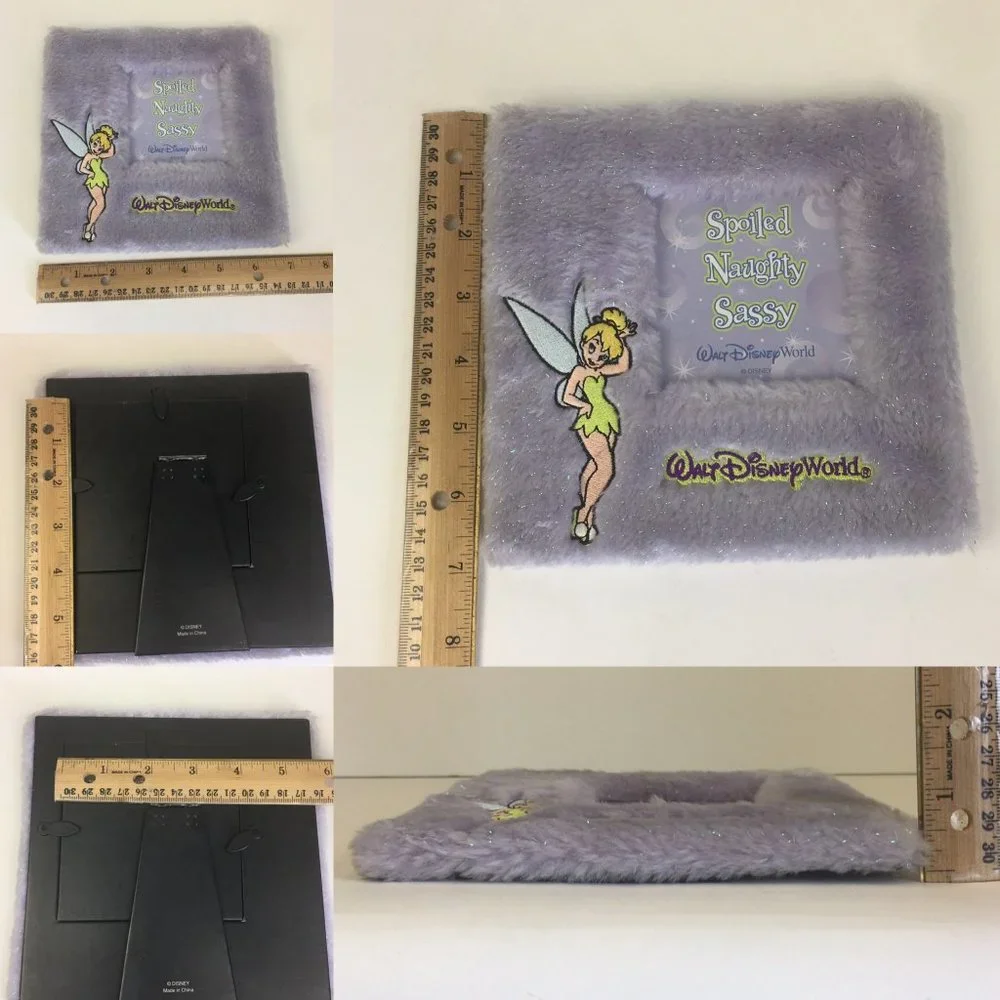 Disney World Tinkerbell Embroidered on Purple Sparkle Faux Fur‎ Square Pic Frame